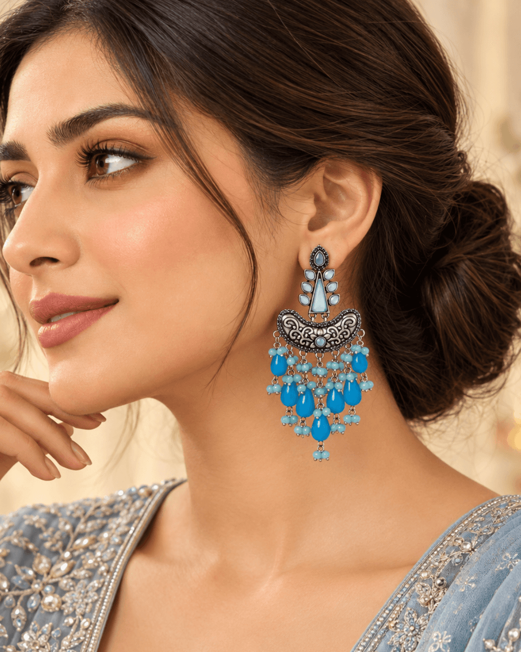 Oxidised Silver Chandbali Earrings with Teardrop Beads