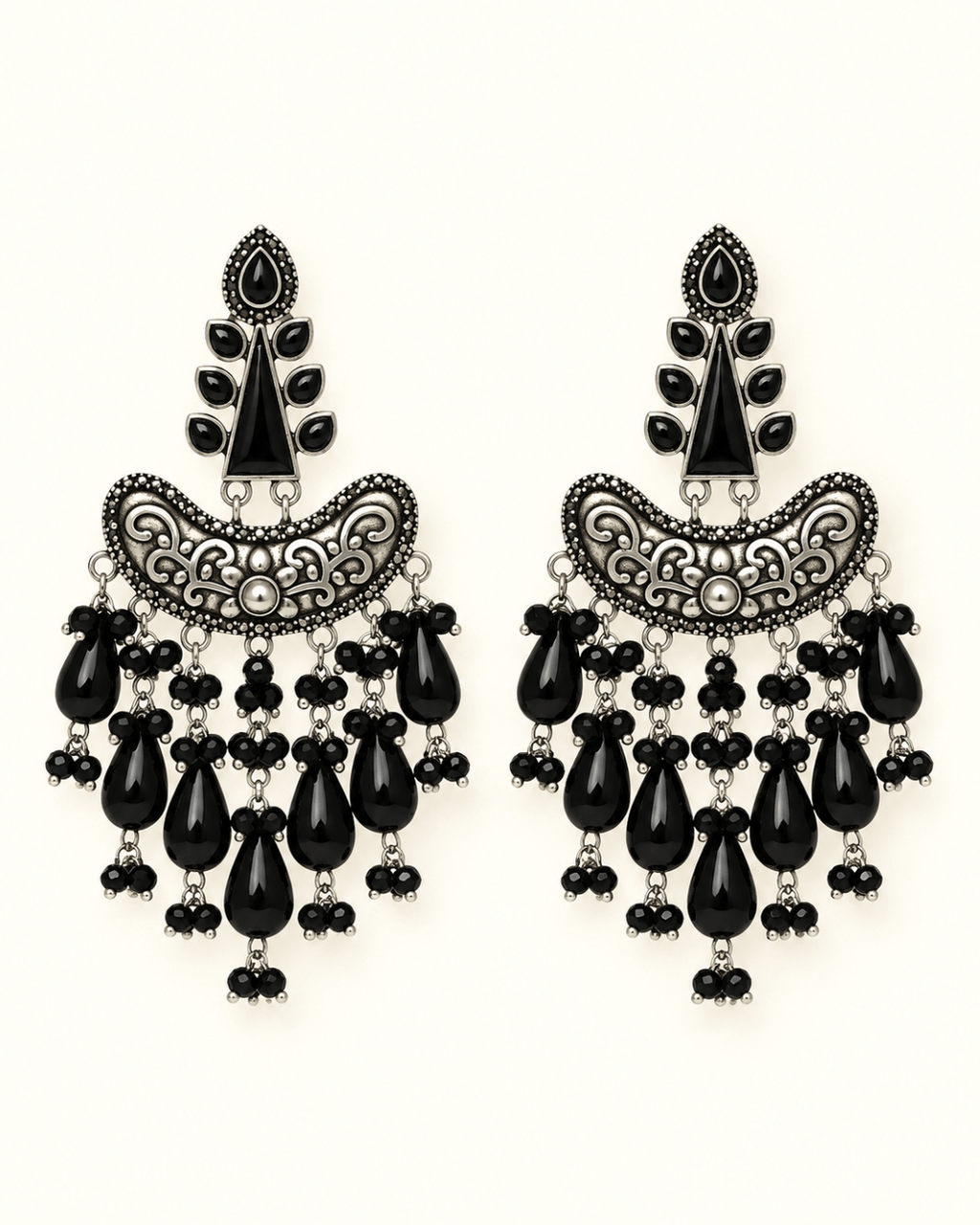 Oxidised Silver Chandbali Earrings with Teardrop Beads