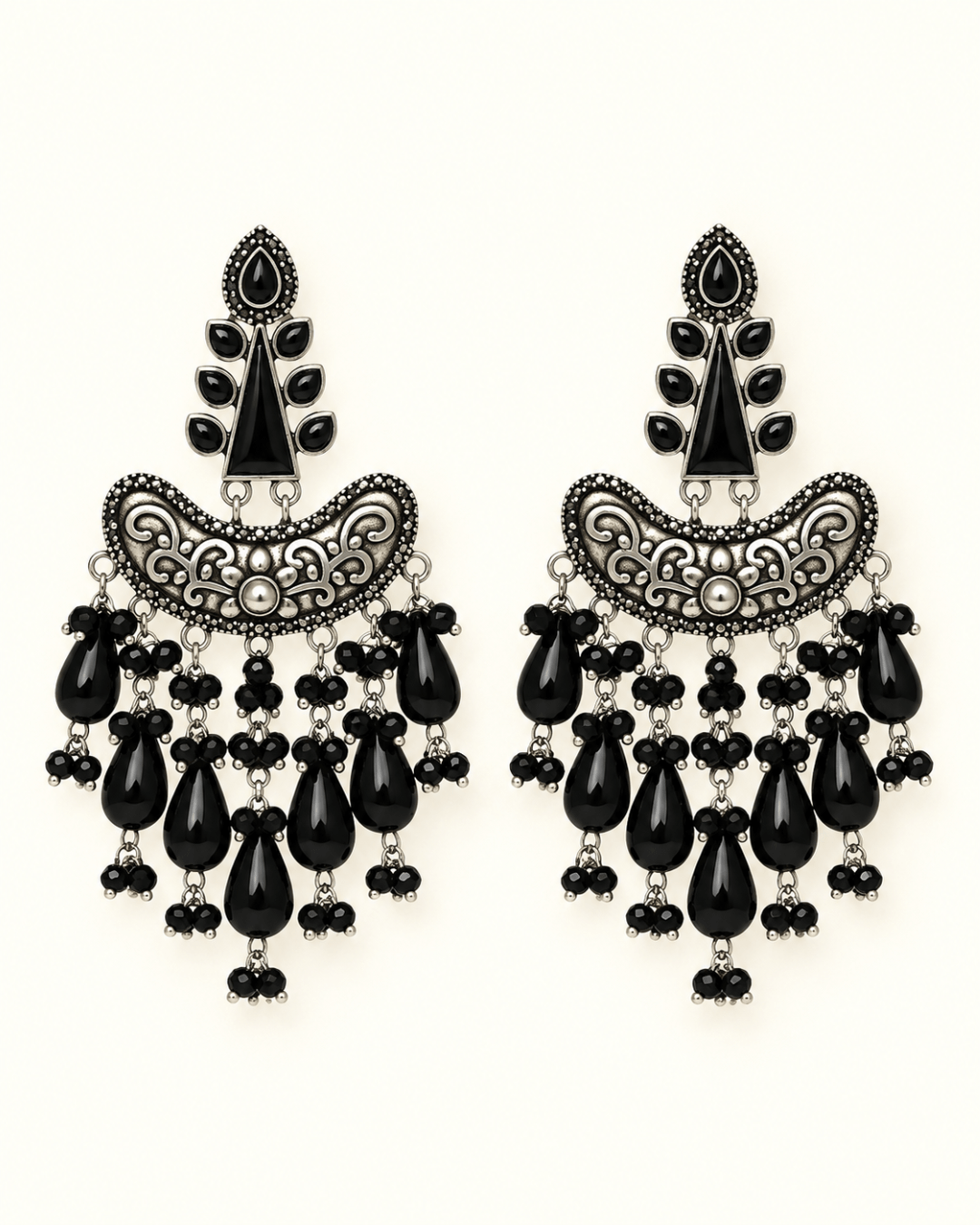 Oxidised Silver Chandbali Earrings with Teardrop Beads