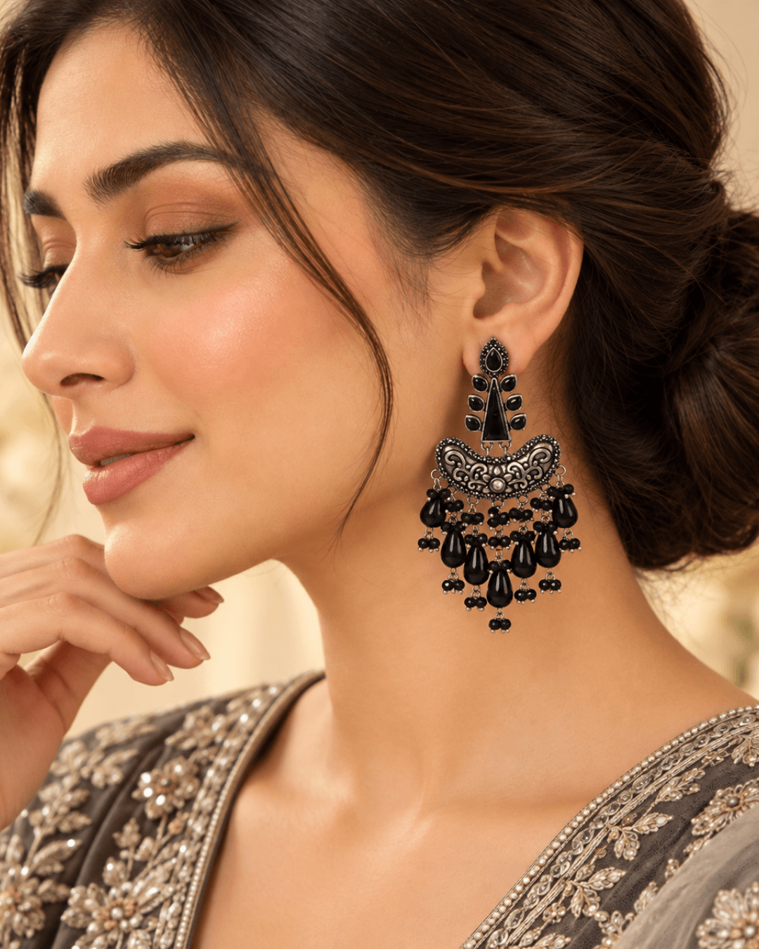Oxidised Silver Chandbali Earrings with Teardrop Beads