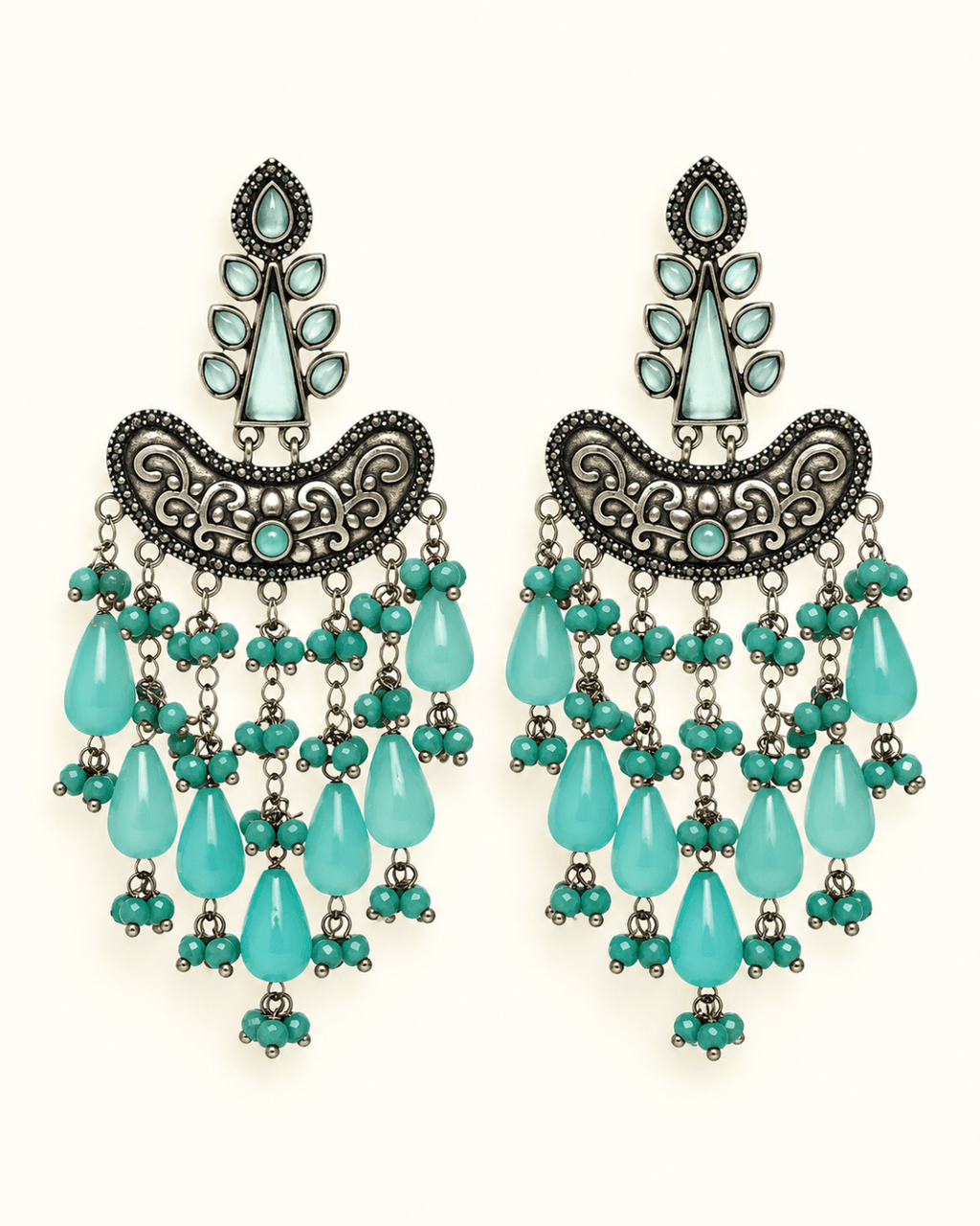 Oxidised Silver Chandbali Earrings with Teardrop Beads