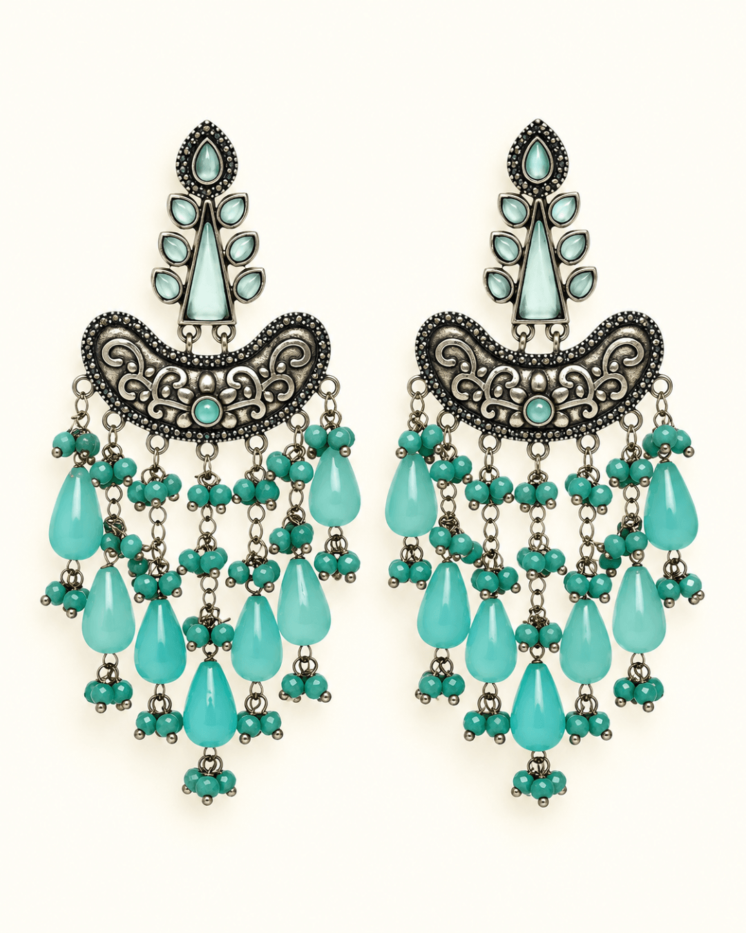 Oxidised Silver Chandbali Earrings with Teardrop Beads