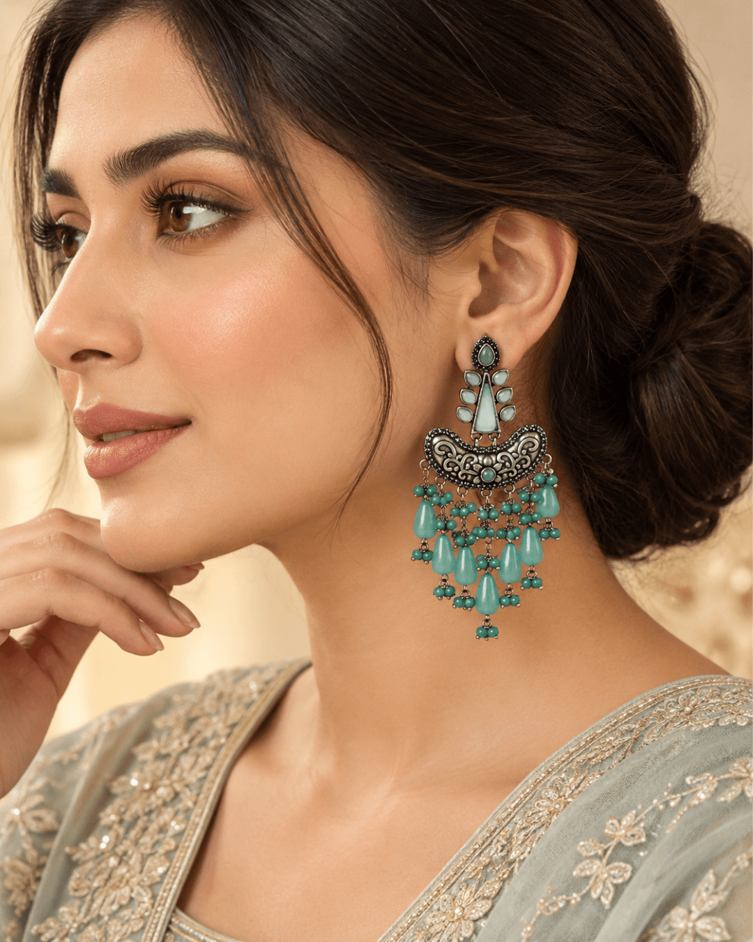 Oxidised Silver Chandbali Earrings with Teardrop Beads