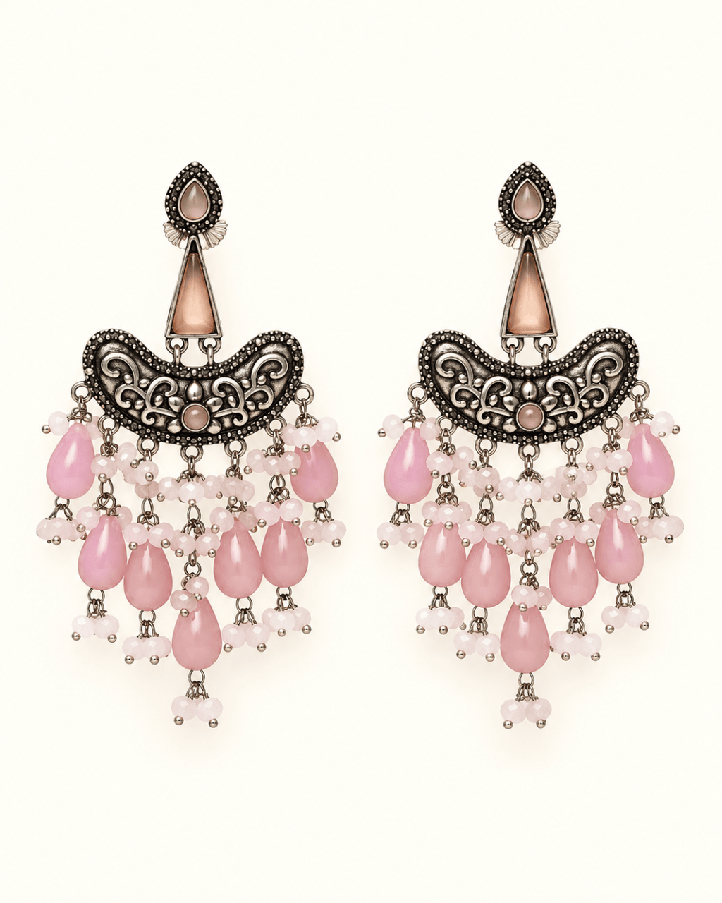 Oxidised Silver Chandbali Earrings with Teardrop Beads