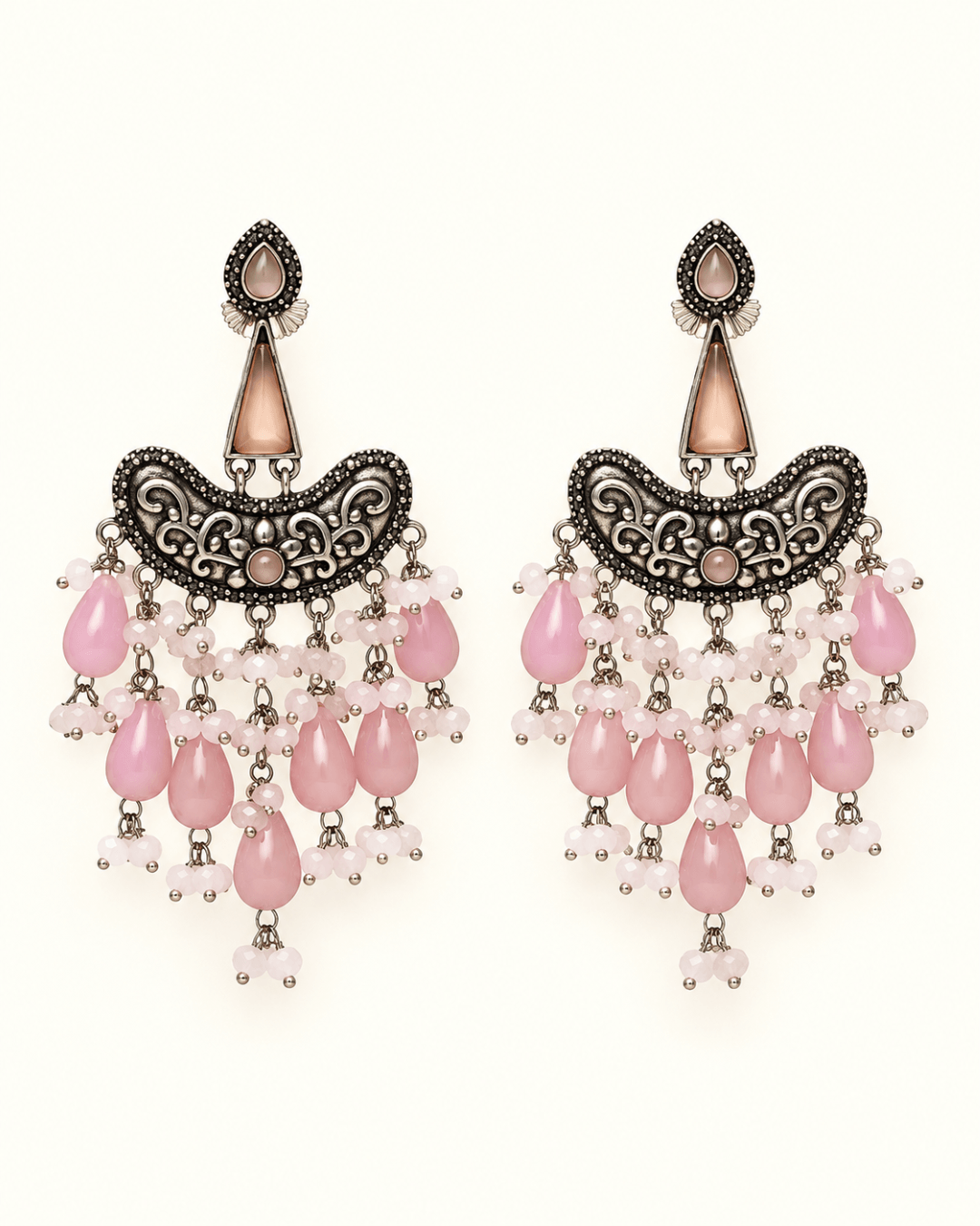 Oxidised Silver Chandbali Earrings with Teardrop Beads