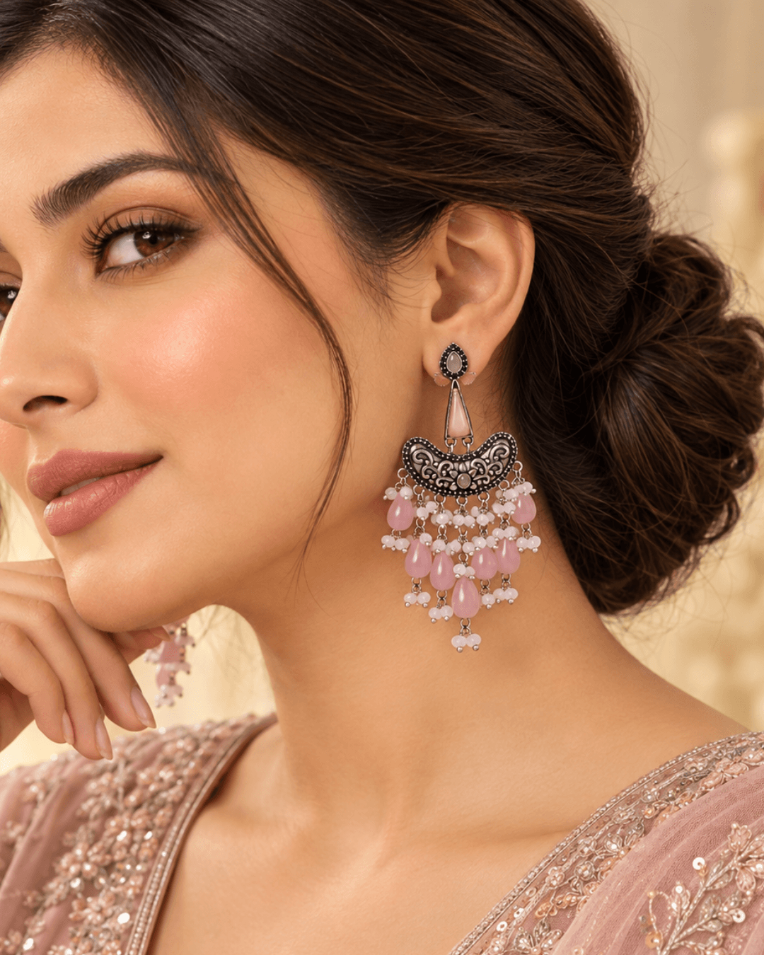 Oxidised Silver Chandbali Earrings with Teardrop Beads