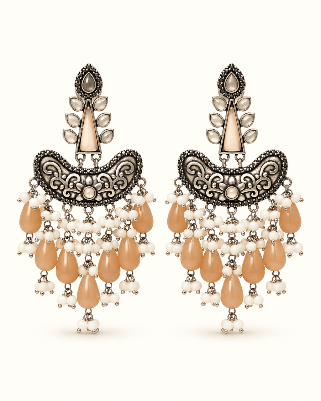 Oxidised Silver Chandbali Earrings with Teardrop Beads