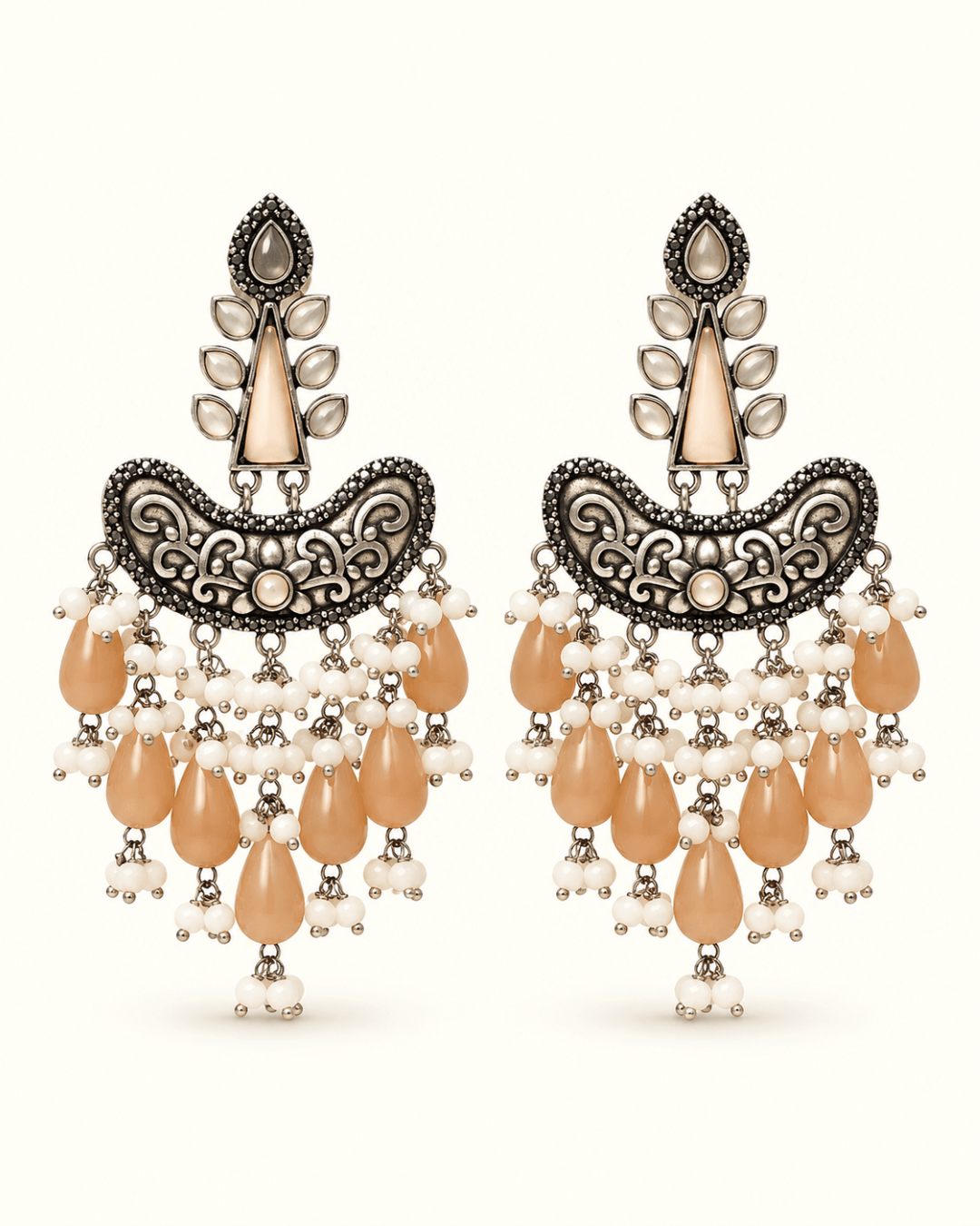 Oxidised Silver Chandbali Earrings with Teardrop Beads