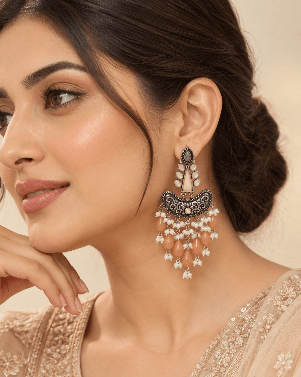 Oxidised Silver Chandbali Earrings with Teardrop Beads