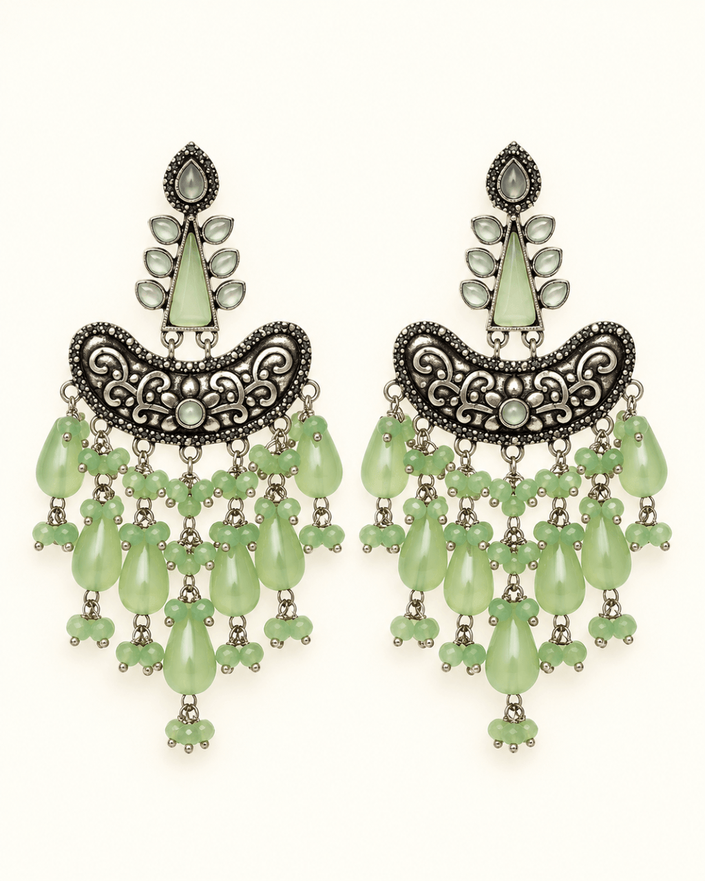 Oxidised Silver Chandbali Earrings with Teardrop Beads