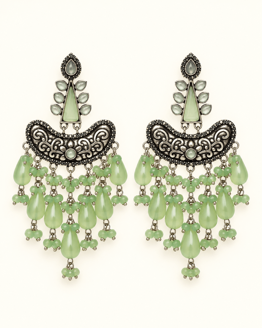 Oxidised Silver Chandbali Earrings with Teardrop Beads