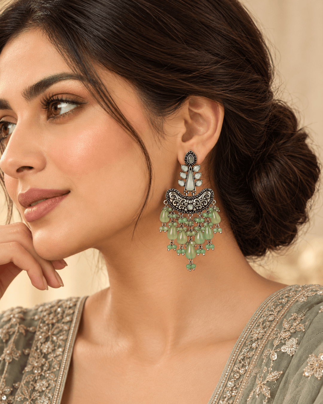 Oxidised Silver Chandbali Earrings with Teardrop Beads