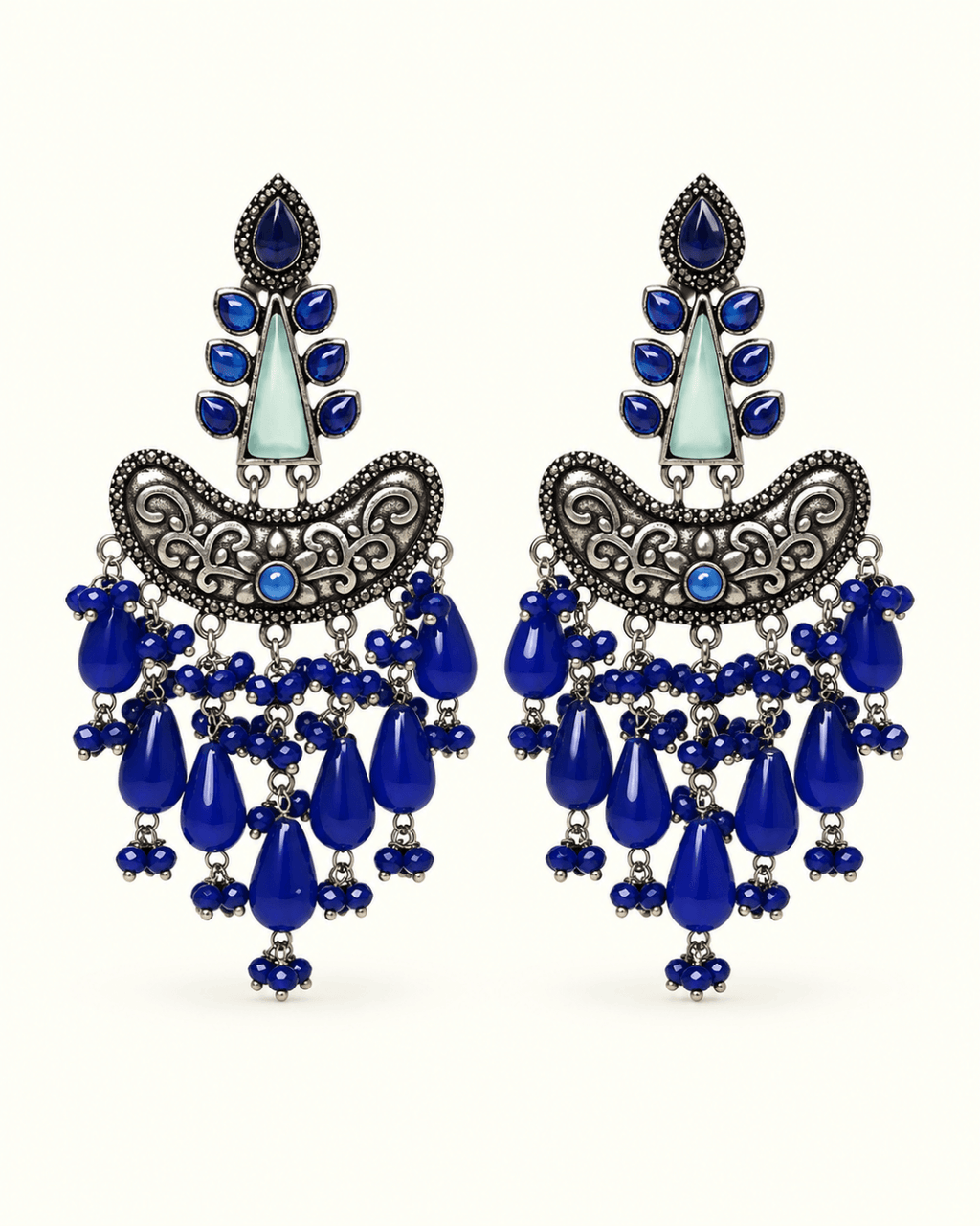 Oxidised Silver Chandbali Earrings with Teardrop Beads