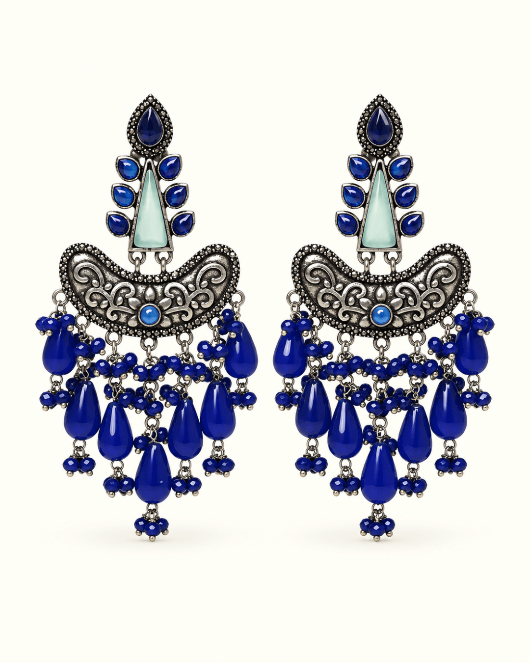 Oxidised Silver Chandbali Earrings with Teardrop Beads