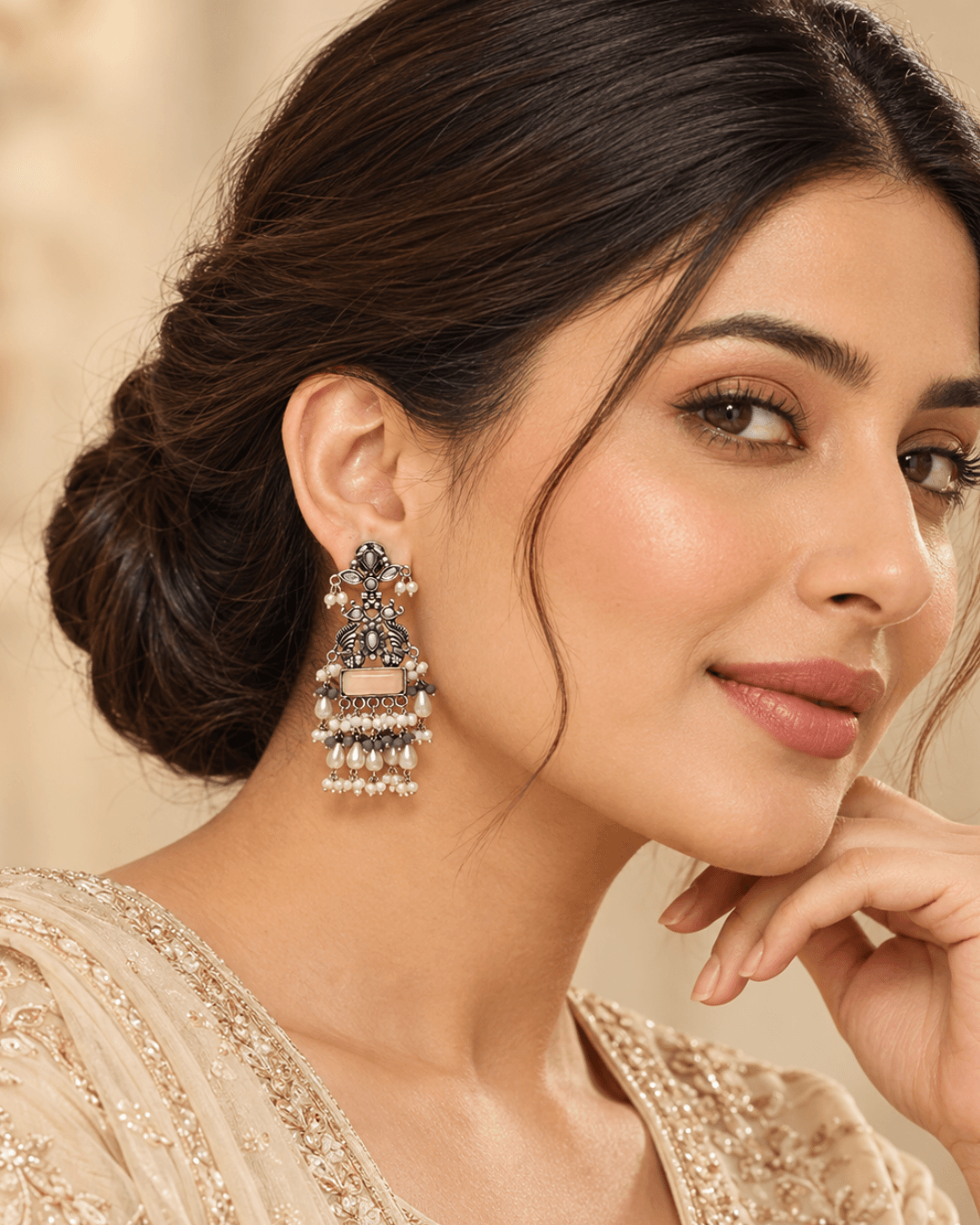 Oxidised Silver Statement Earrings with Pearl Drops