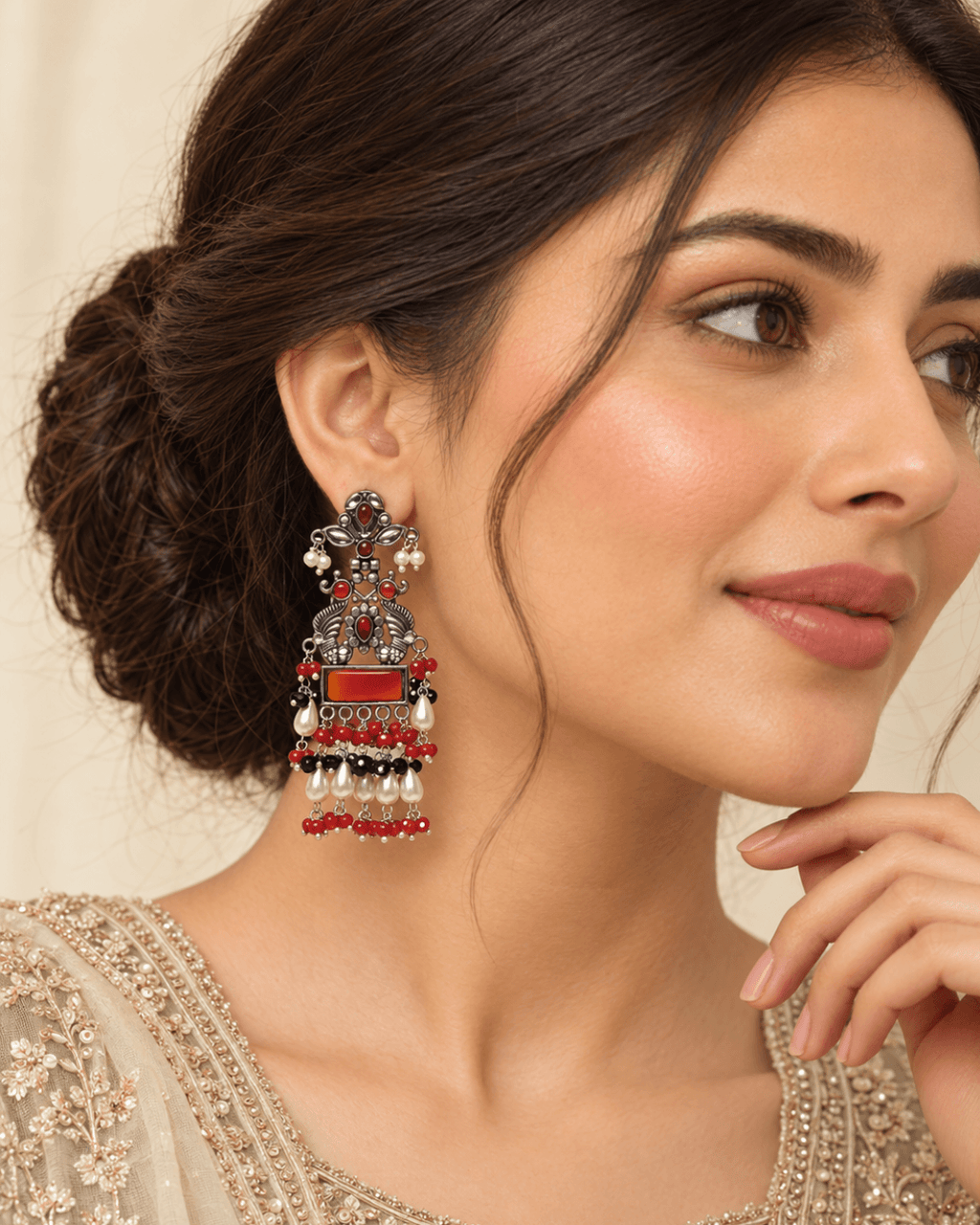 Oxidised Silver Statement Earrings with Pearl Drops