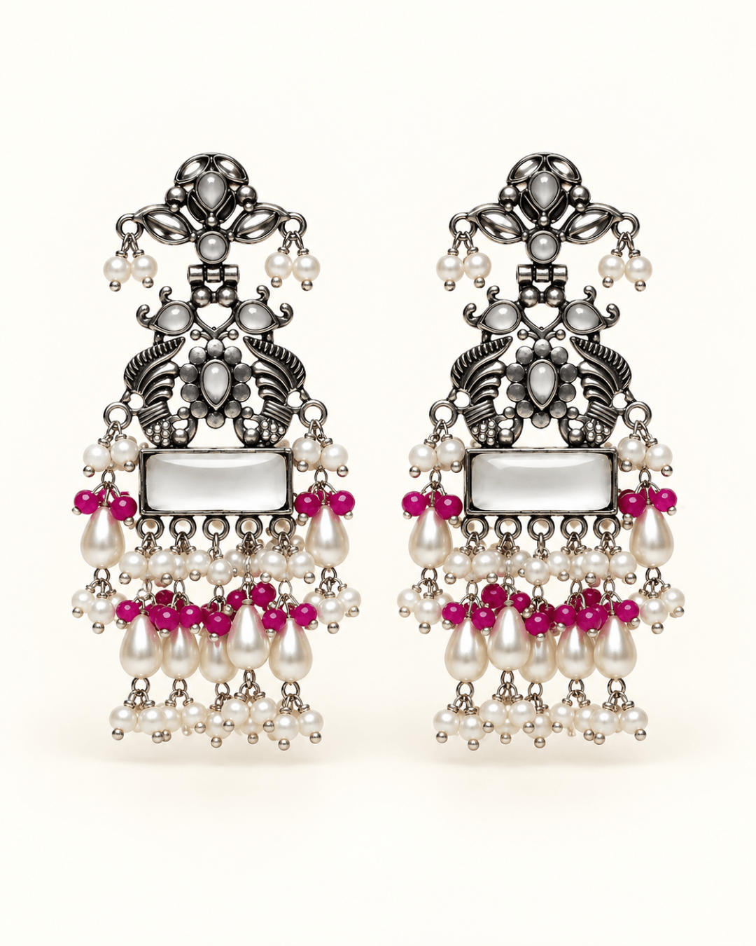 Oxidised Silver Statement Earrings with Pearl Drops