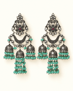 Oxidised Silver Triple Jhumka Earrings with Bead Drops