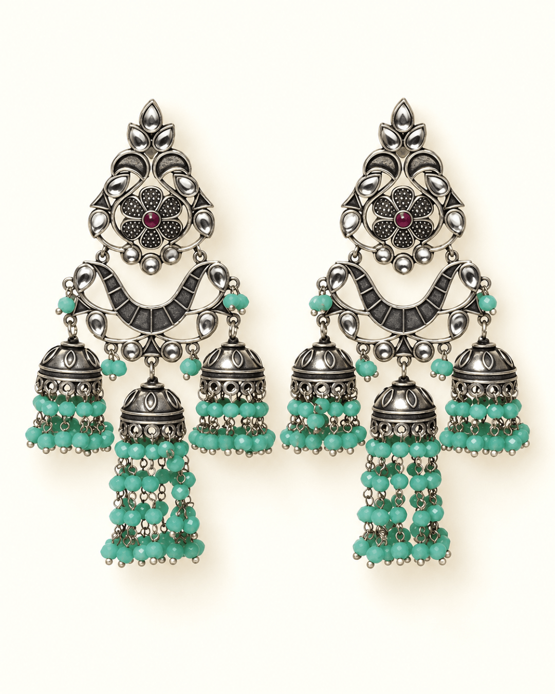 Oxidised Silver Triple Jhumka Earrings with Bead Drops