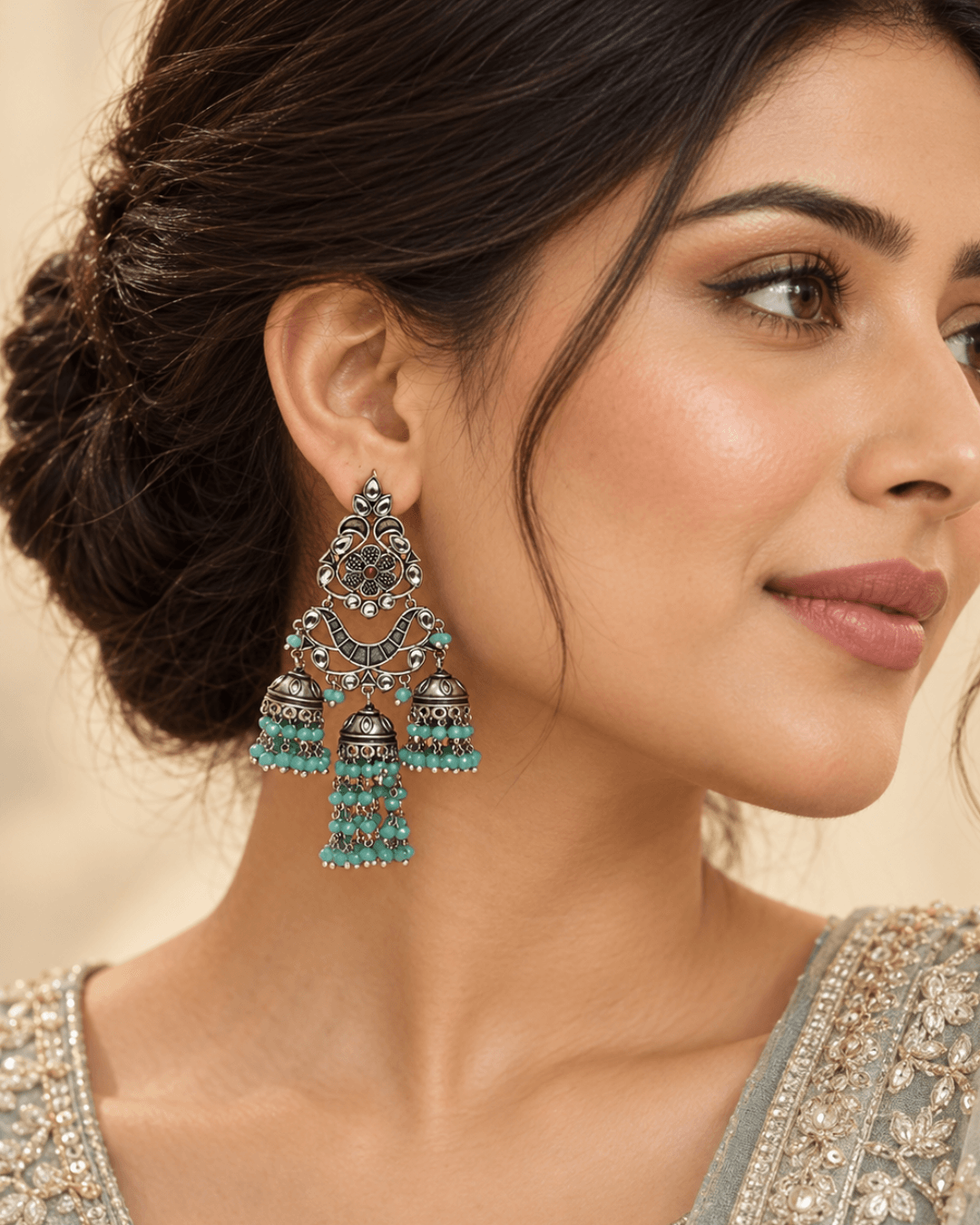 Oxidised Silver Triple Jhumka Earrings with Bead Drops