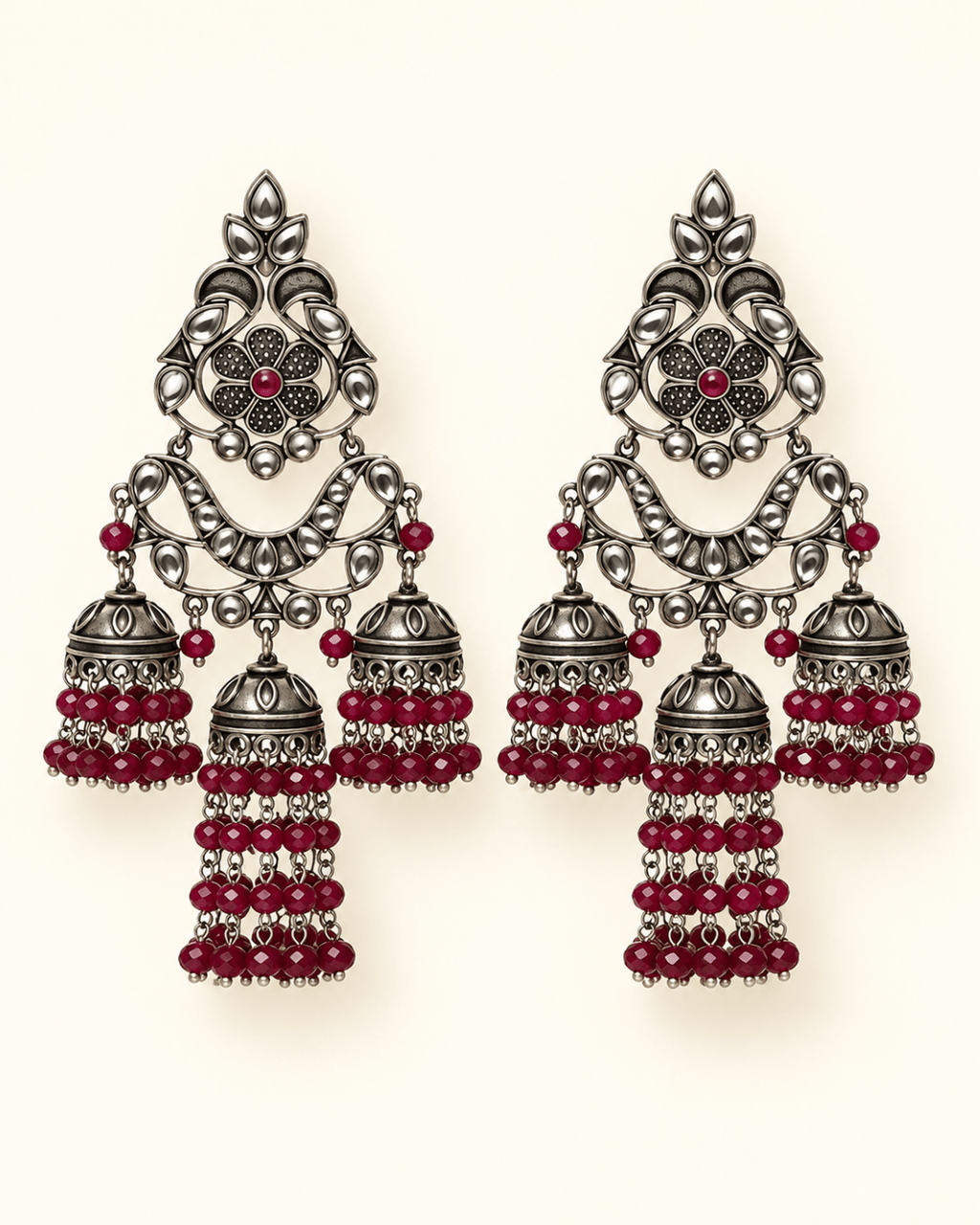 Oxidised Silver Triple Jhumka Earrings with Bead Drops