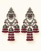 Oxidised Silver Triple Jhumka Earrings with Bead Drops