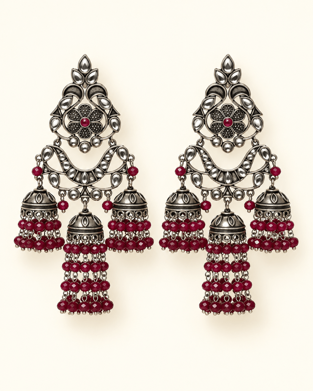 Oxidised Silver Triple Jhumka Earrings with Bead Drops