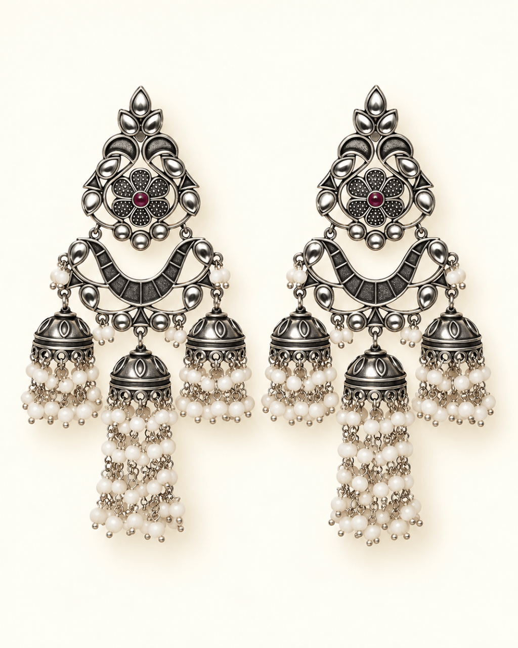 Oxidised Silver Triple Jhumka Earrings with Bead Drops