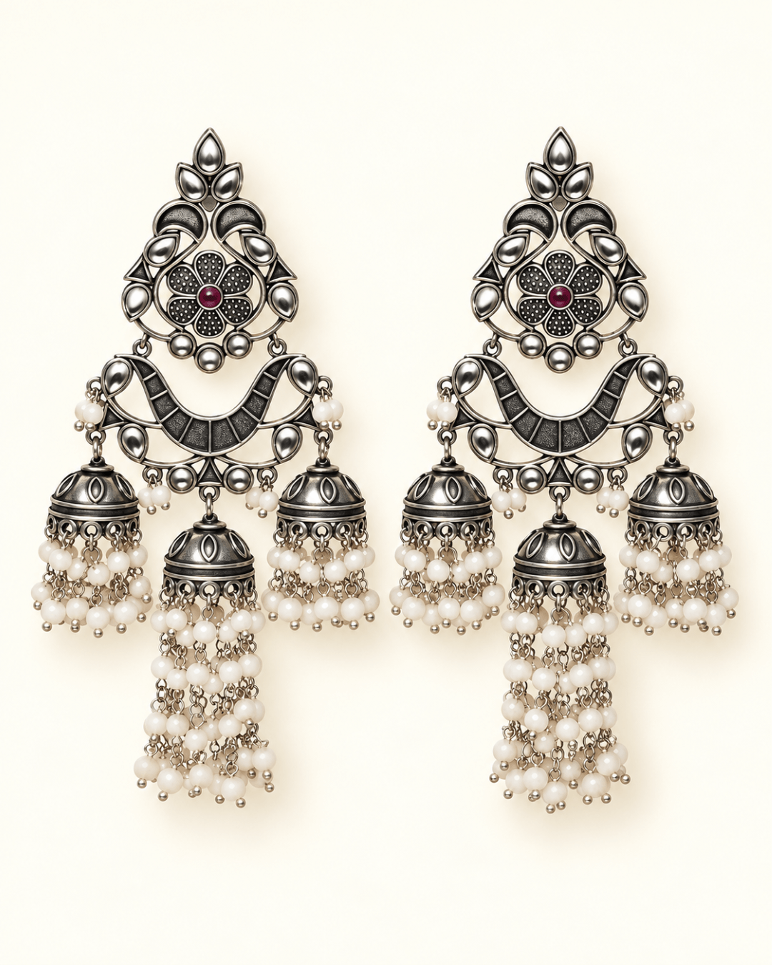 Oxidised Silver Triple Jhumka Earrings with Bead Drops