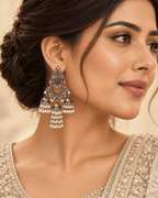 Oxidised Silver Triple Jhumka Earrings with Bead Drops
