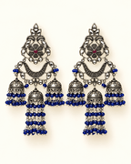 Oxidised Silver Triple Jhumka Earrings with Bead Drops