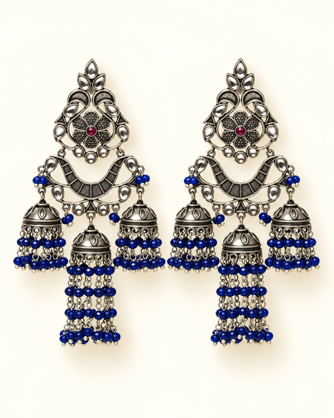 Oxidised Silver Triple Jhumka Earrings with Bead Drops