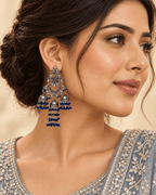 Oxidised Silver Triple Jhumka Earrings with Bead Drops