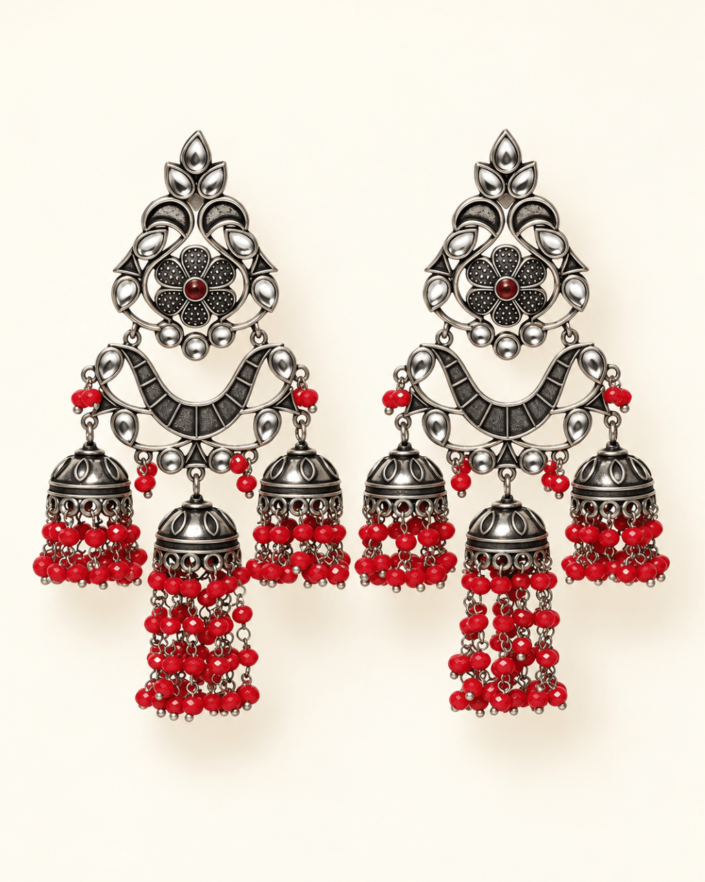 Oxidised Silver Triple Jhumka Earrings with Bead Drops