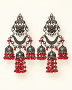 Oxidised Silver Triple Jhumka Earrings with Bead Drops
