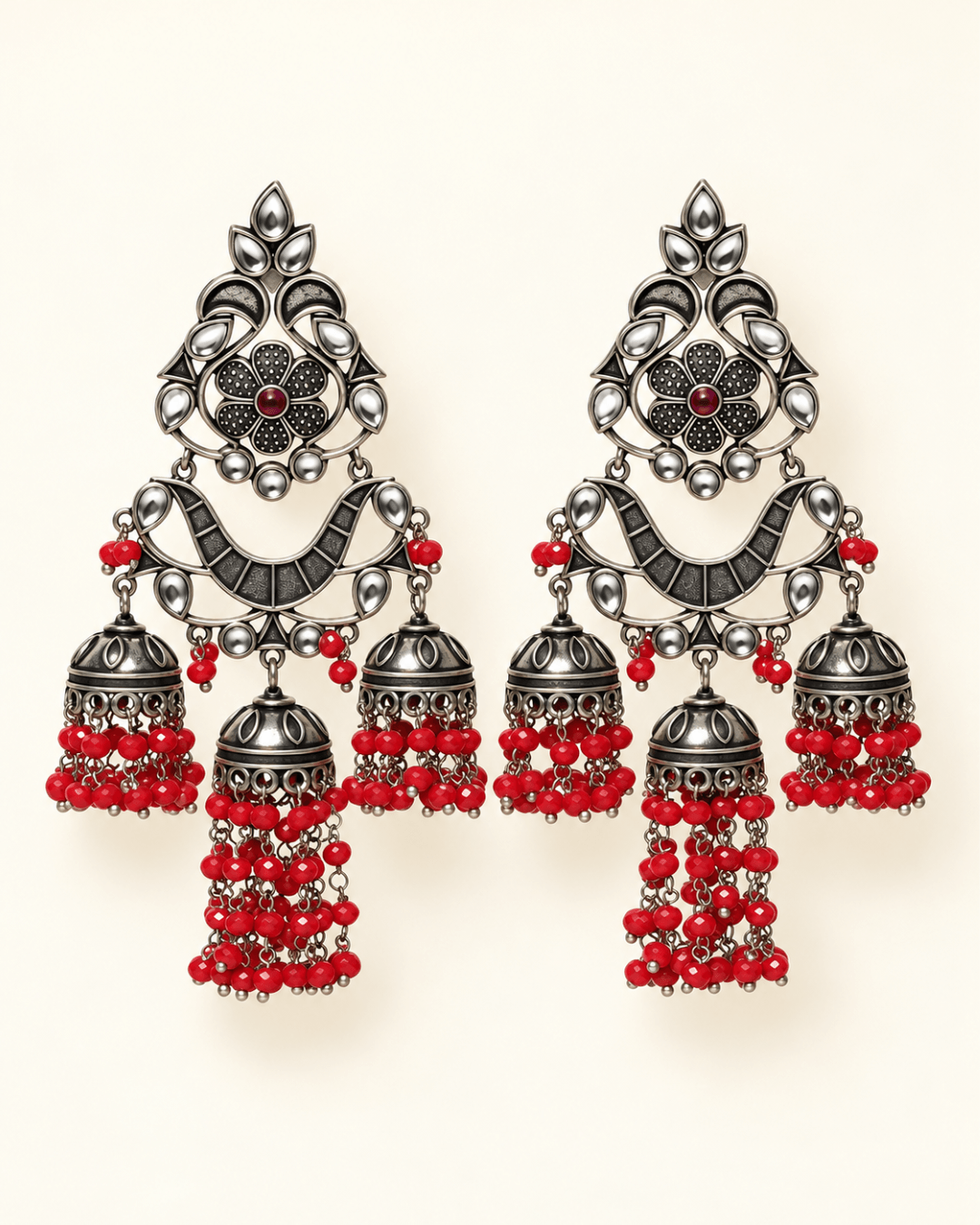 Oxidised Silver Triple Jhumka Earrings with Bead Drops