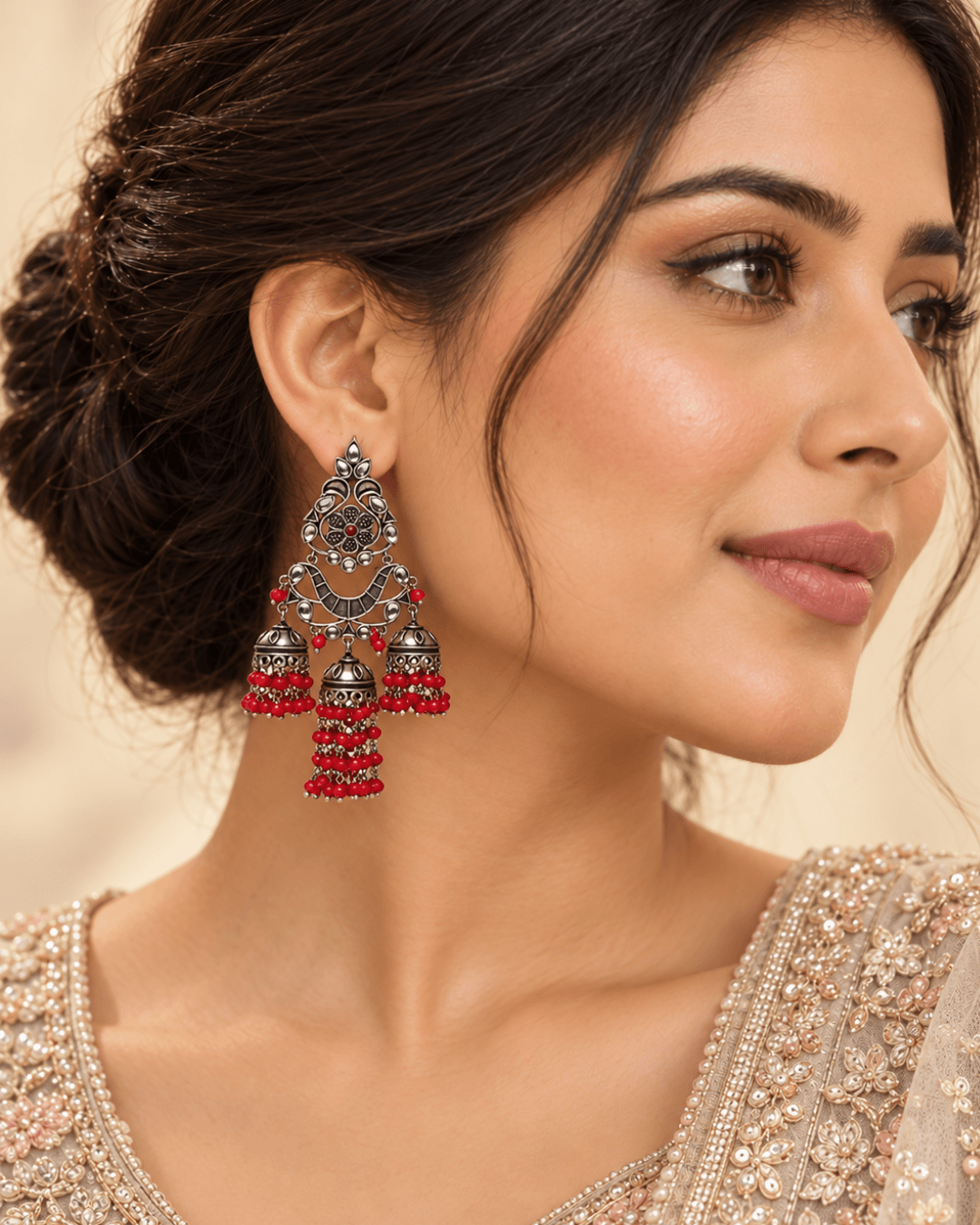 Oxidised Silver Triple Jhumka Earrings with Bead Drops