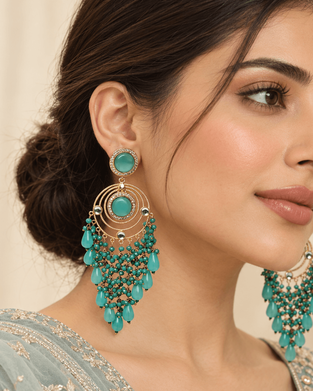 Gold-Tone Circular Chandelier Earrings with Bead Tassels