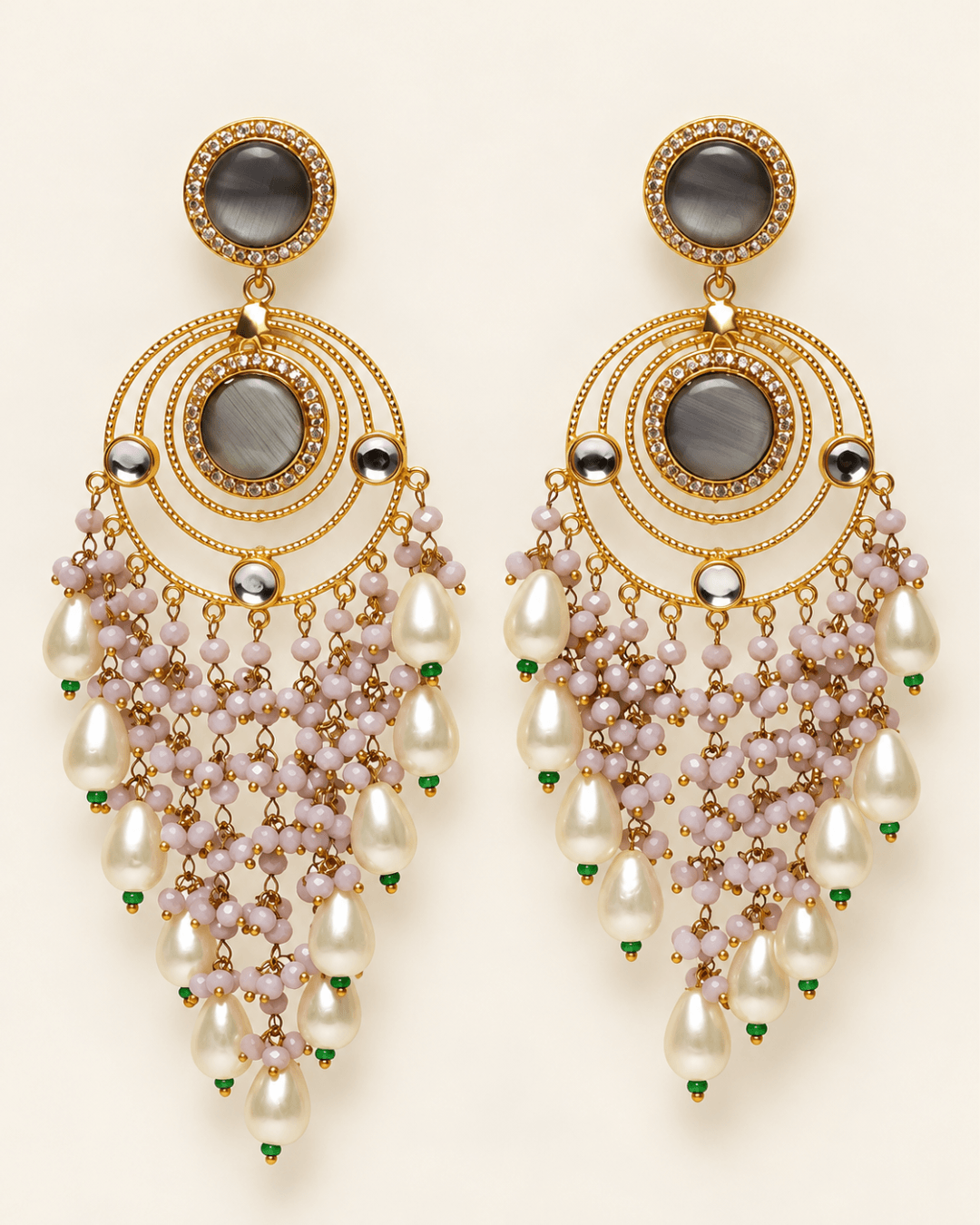 Gold-Tone Circular Chandelier Earrings with Bead Tassels