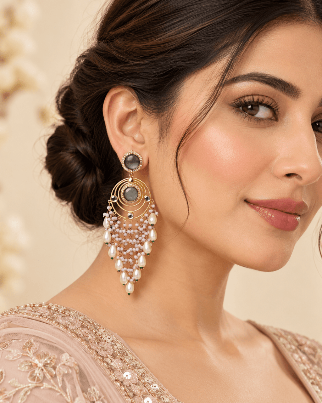 Gold-Tone Circular Chandelier Earrings with Bead Tassels