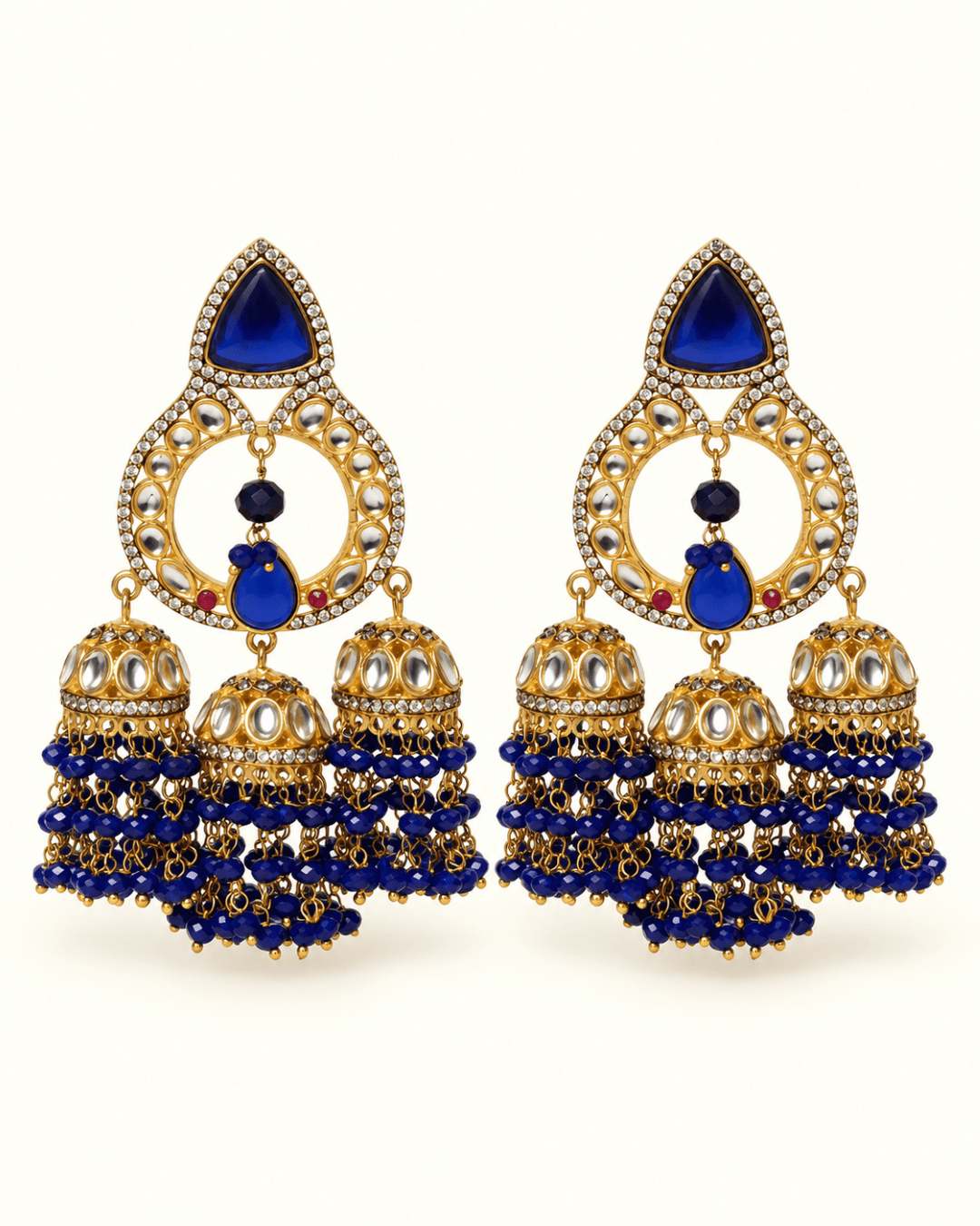 Triple Jhumka Chandbali Earrings with Bead Tassels
