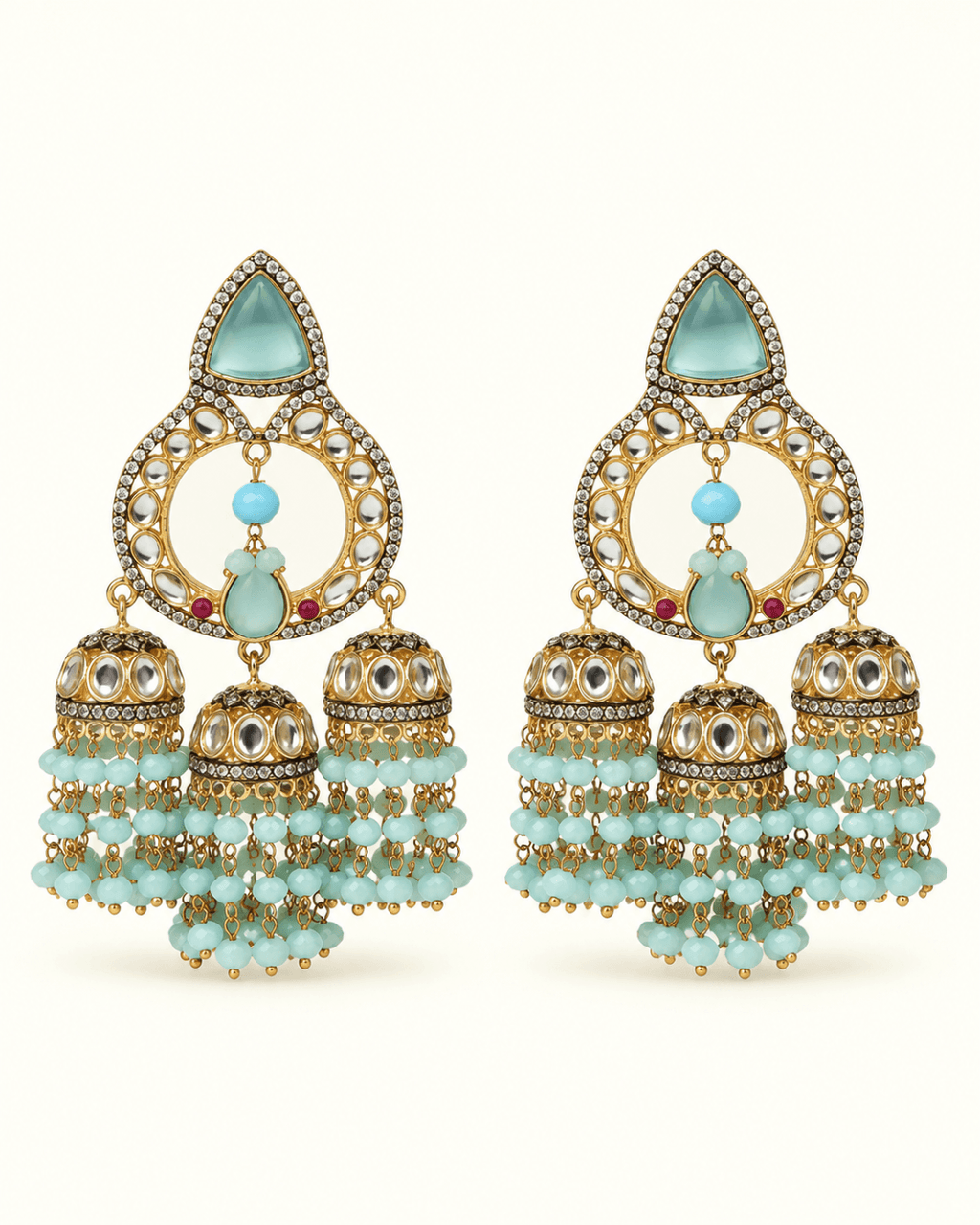 Triple Jhumka Chandbali Earrings with Bead Tassels