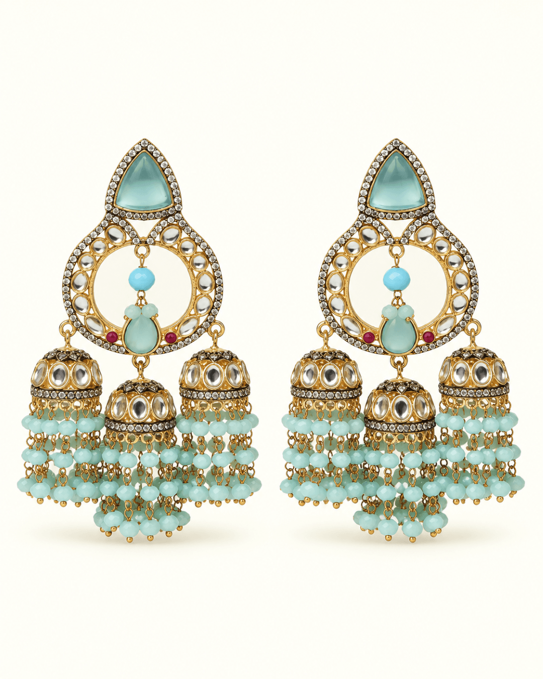 Triple Jhumka Chandbali Earrings with Bead Tassels