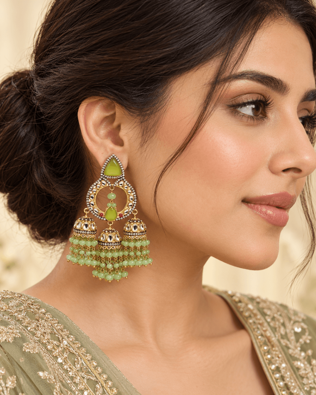 Triple Jhumka Chandbali Earrings with Bead Tassels