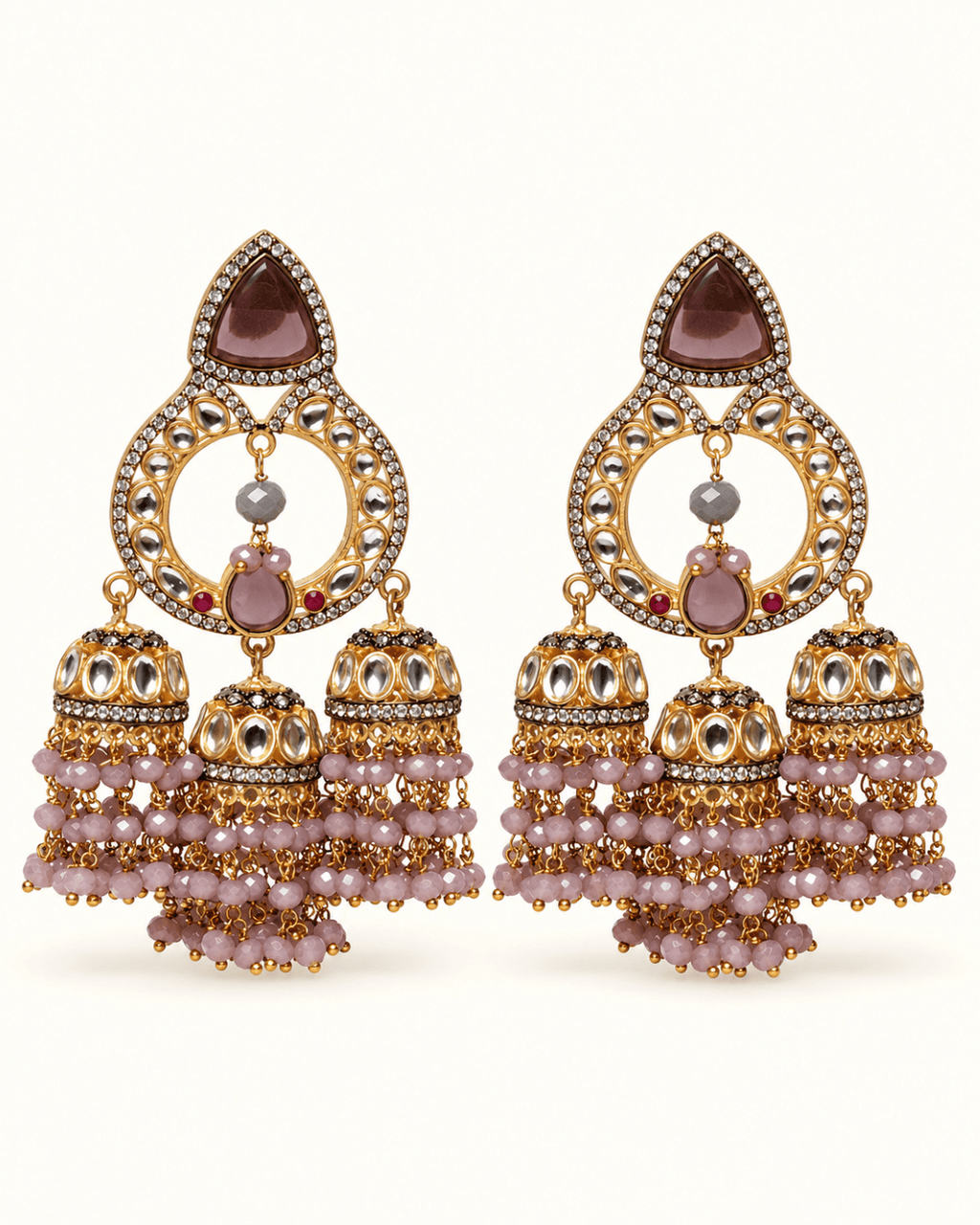 Triple Jhumka Chandbali Earrings with Bead Tassels