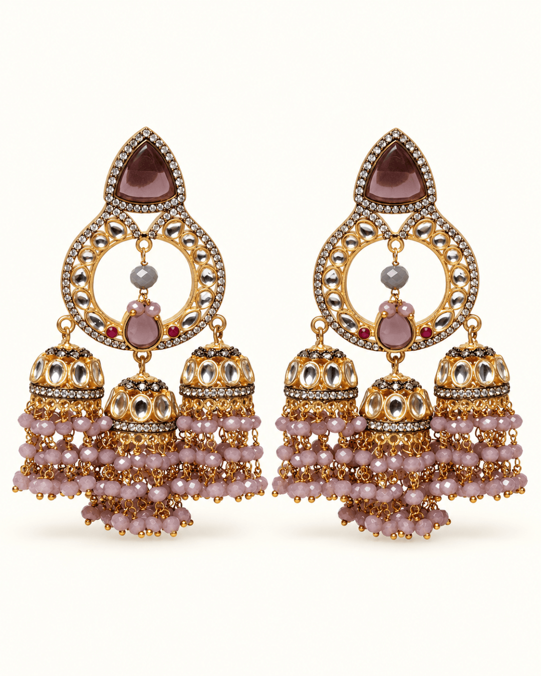 Triple Jhumka Chandbali Earrings with Bead Tassels