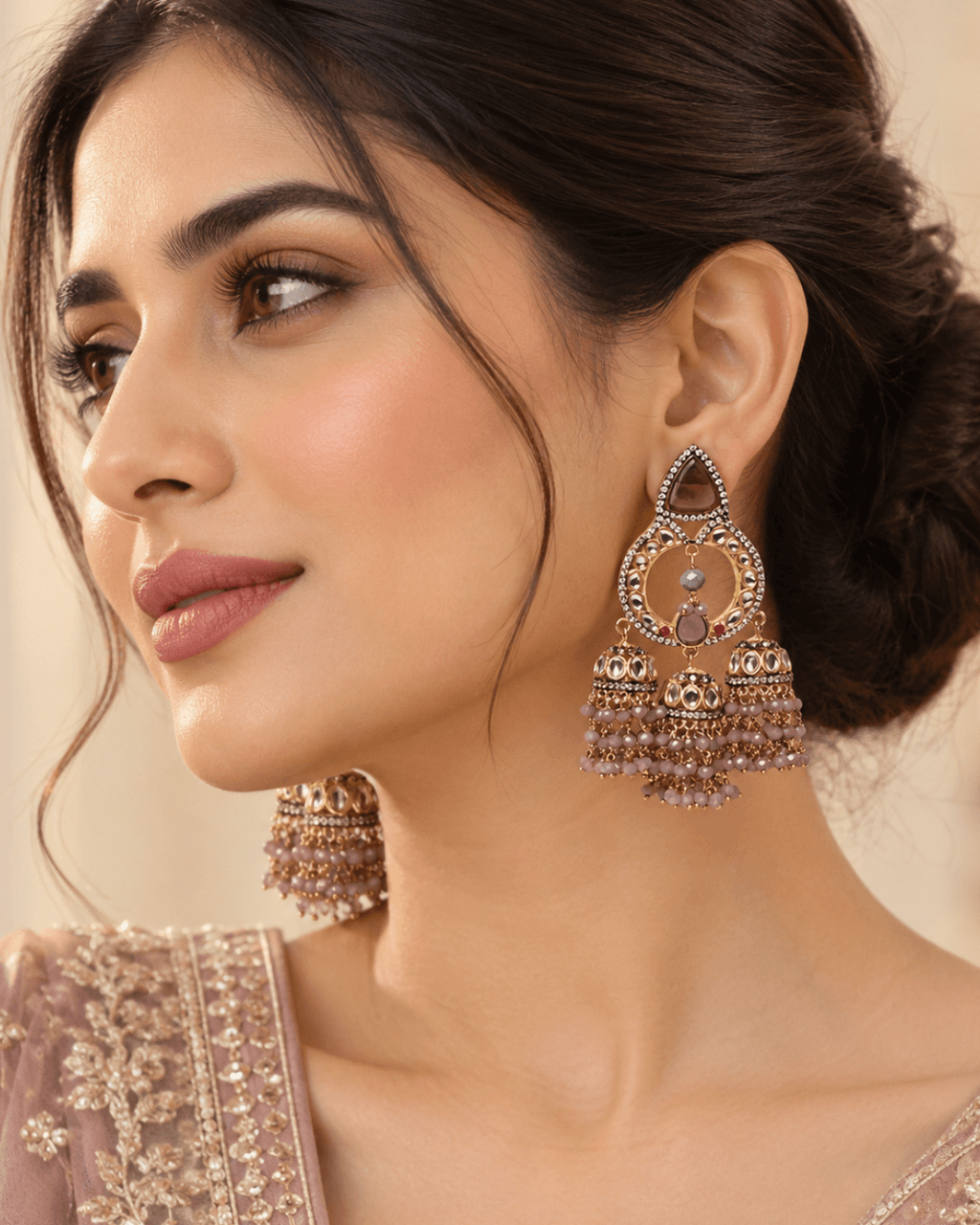 Triple Jhumka Chandbali Earrings with Bead Tassels