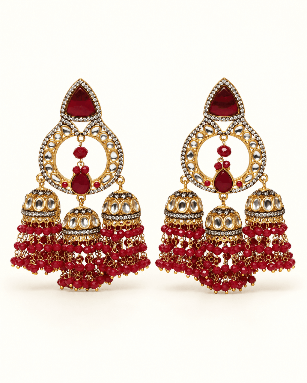 Triple Jhumka Chandbali Earrings with Bead Tassels