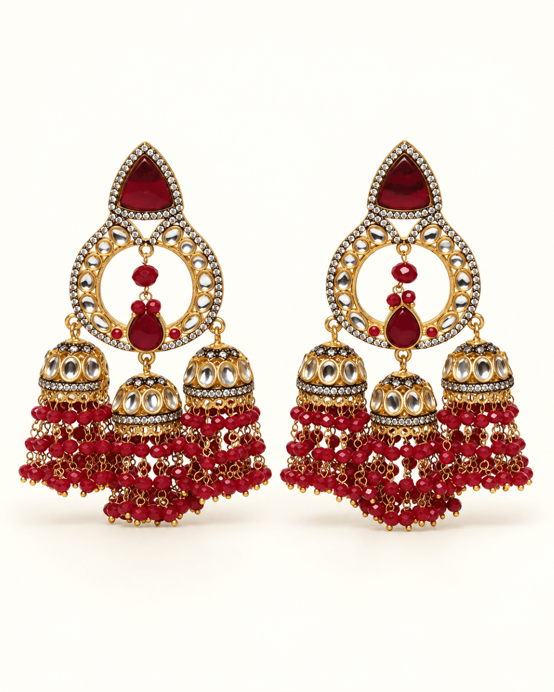 Triple Jhumka Chandbali Earrings with Bead Tassels