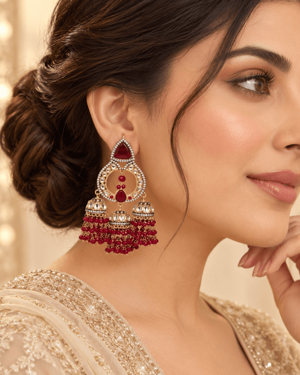 Triple Jhumka Chandbali Earrings with Bead Tassels